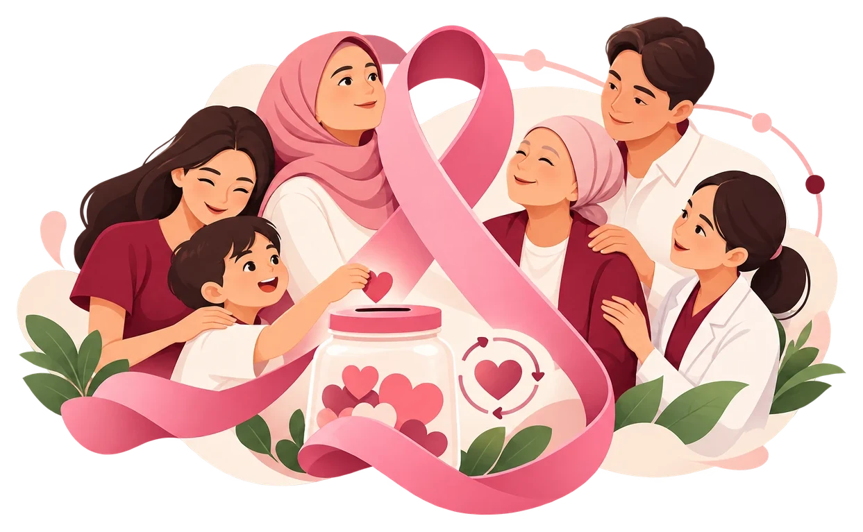 Ilustrasi pita kanker merah muda dikelilingi keluarga, penyintas, dan tenaga kesehatan yang saling merangkul, dengan seorang anak memasukkan hati ke dalam toples donasi
